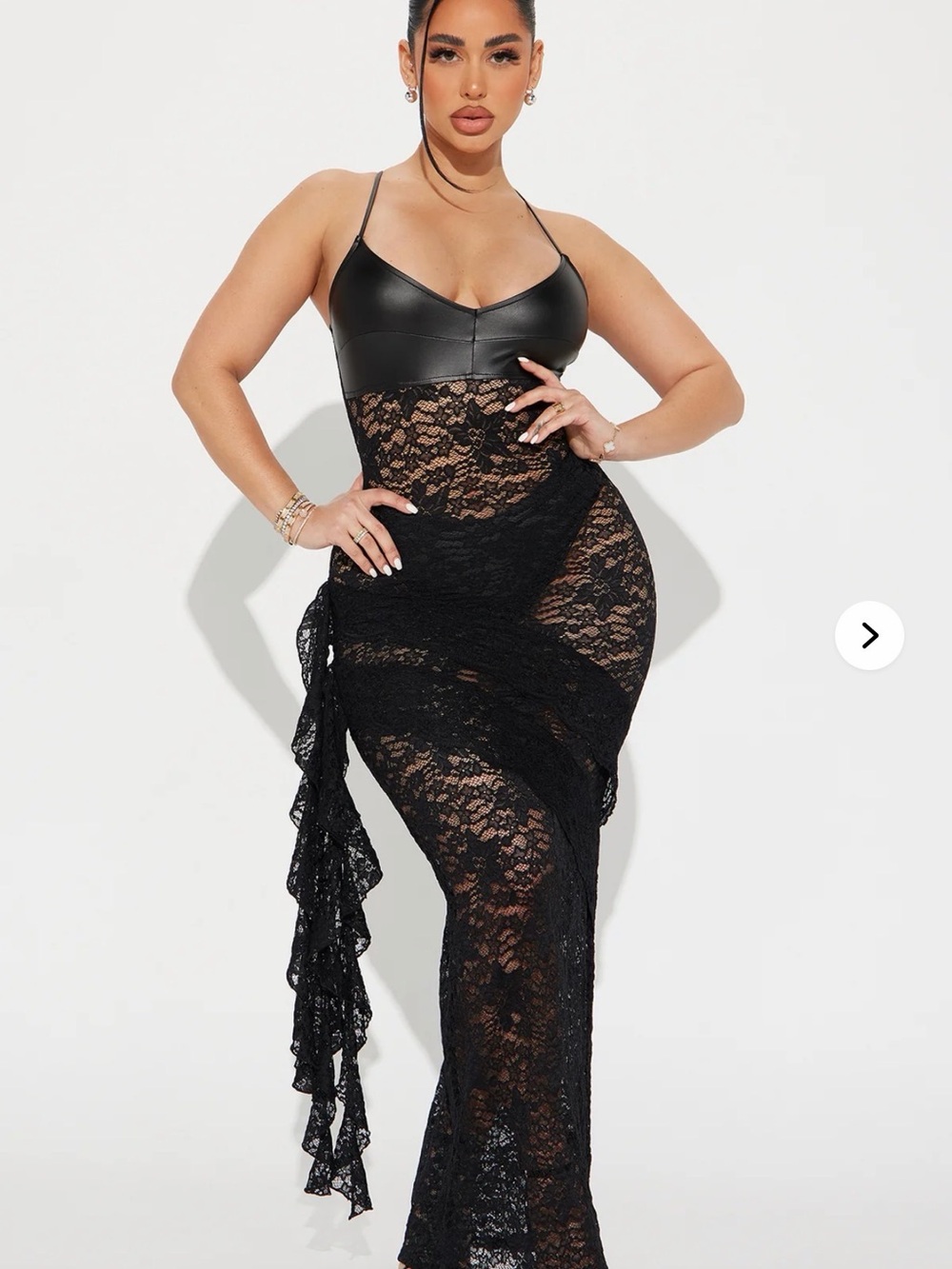 Fashion Nova Black Lace Maxi Dress with Faux Leather Bodice